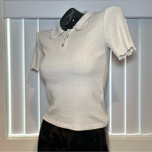 Zara Knit Polo Collar Shirt with Rhinestone Buttons Off White White